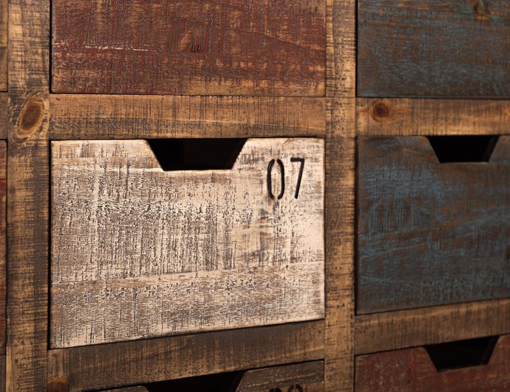 61" Brown Distressed Wood 12 Drawer Sideboard