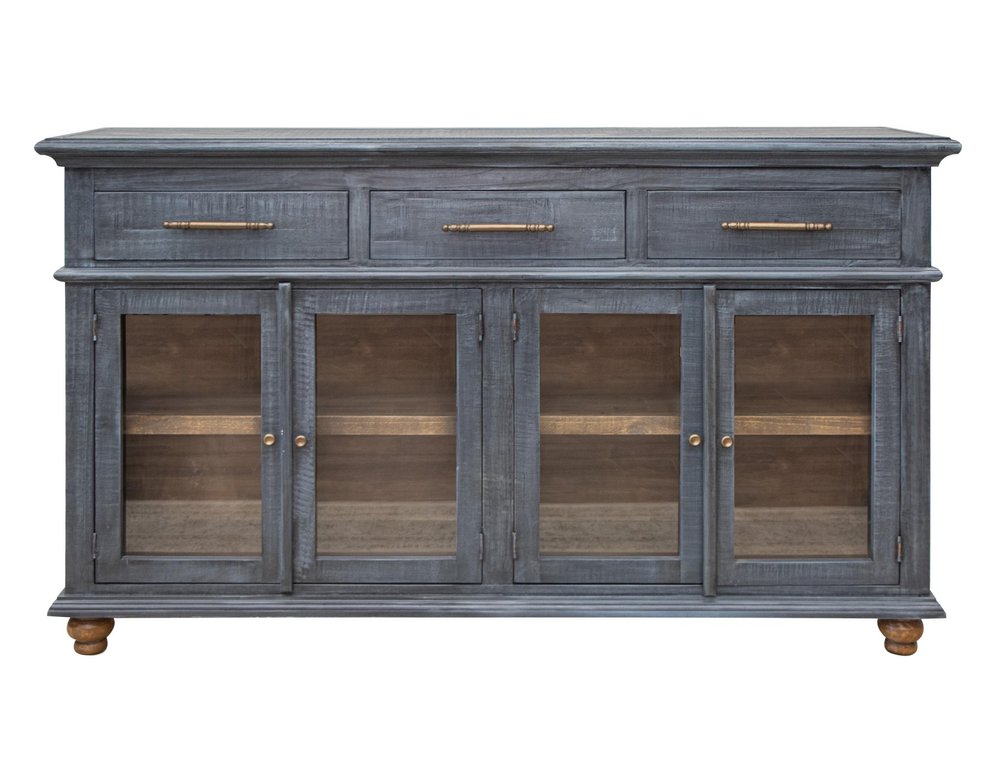 71" Blue Distressed Wood Three Drawer Sideboard With Four Glass Doors