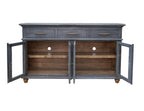 71" Blue Distressed Wood Three Drawer Sideboard With Four Glass Doors