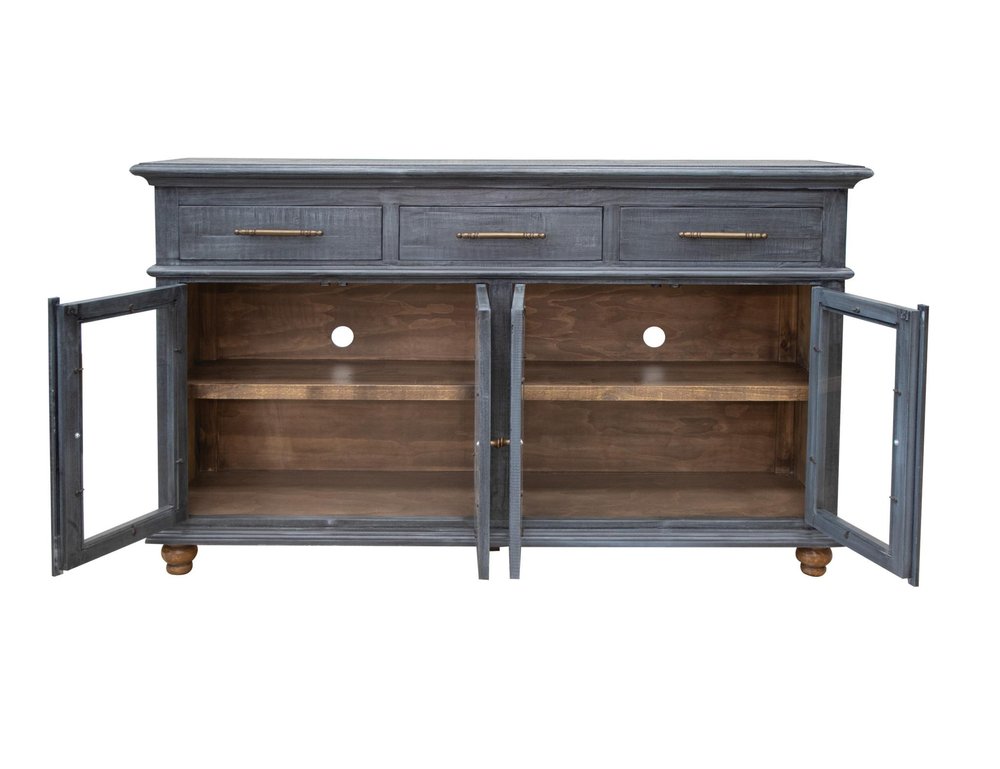 71" Blue Distressed Wood Three Drawer Sideboard With Four Glass Doors