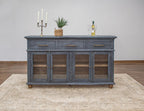 71" Blue Distressed Wood Three Drawer Sideboard With Four Glass Doors