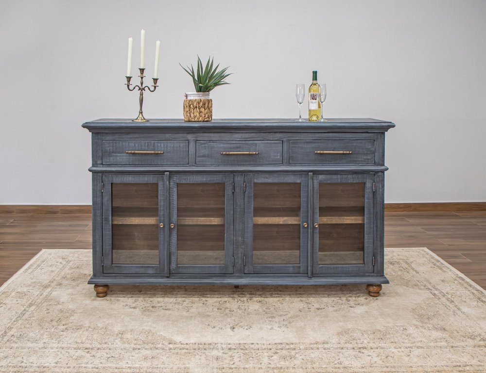 71" Blue Distressed Wood Three Drawer Sideboard With Four Glass Doors