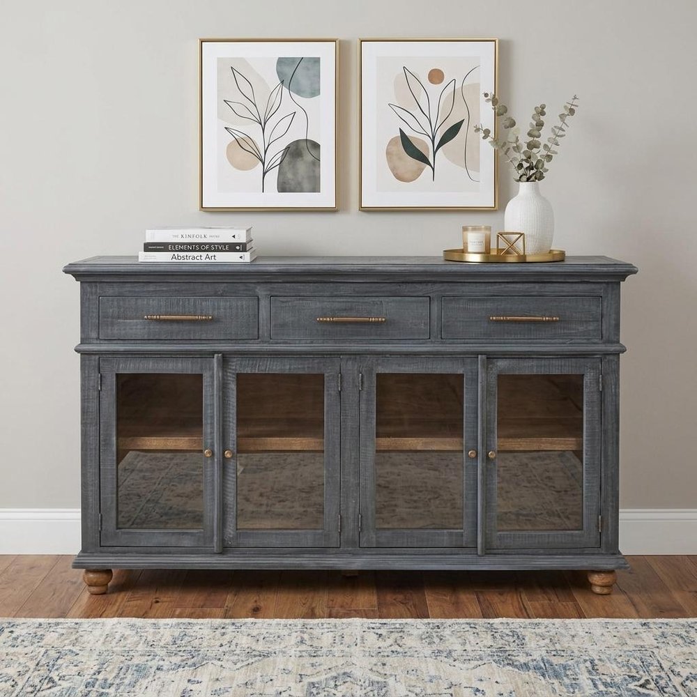 71" Blue Distressed Wood Three Drawer Sideboard With Four Glass Doors