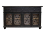 71" Black Distressed Wood Three Drawer Credenza With Four Glass Doors