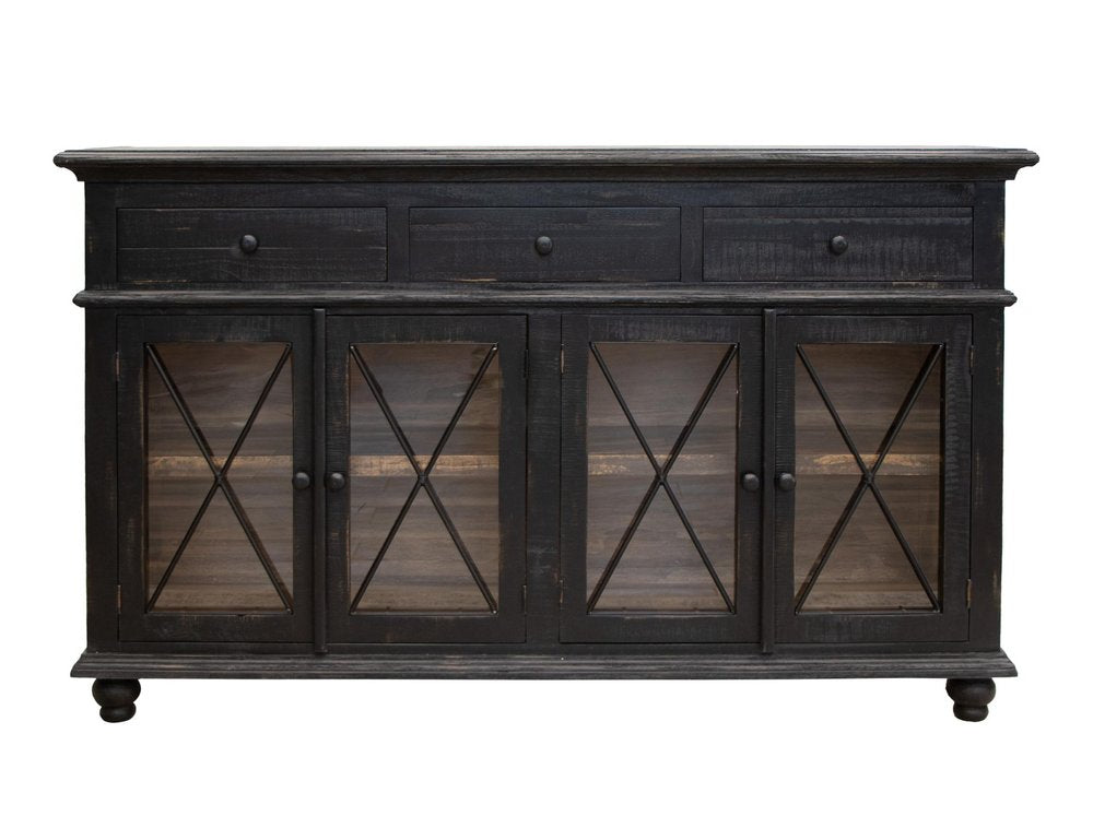 71" Black Distressed Wood Three Drawer Credenza With Four Glass Doors