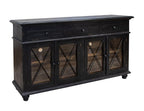 71" Black Distressed Wood Three Drawer Credenza With Four Glass Doors