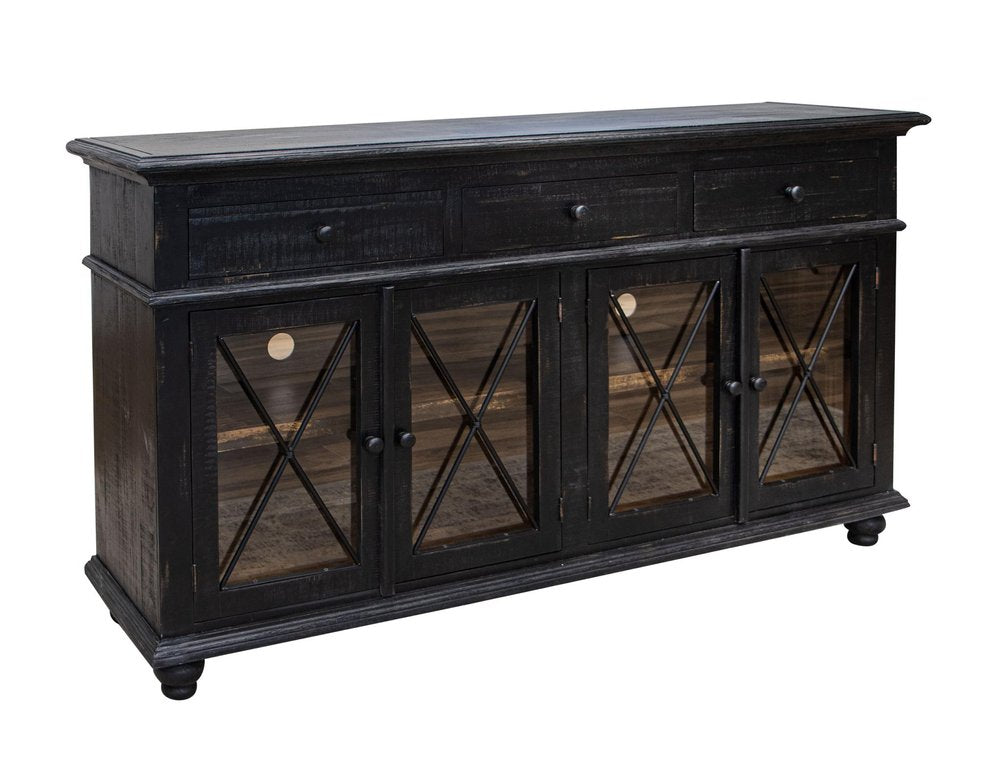 71" Black Distressed Wood Three Drawer Credenza With Four Glass Doors