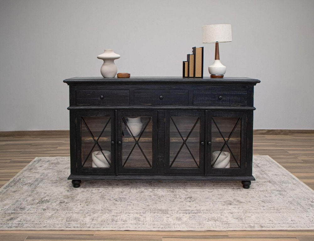 71" Black Distressed Wood Three Drawer Credenza With Four Glass Doors