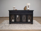 71" Black Distressed Wood Three Drawer Credenza With Four Glass Doors