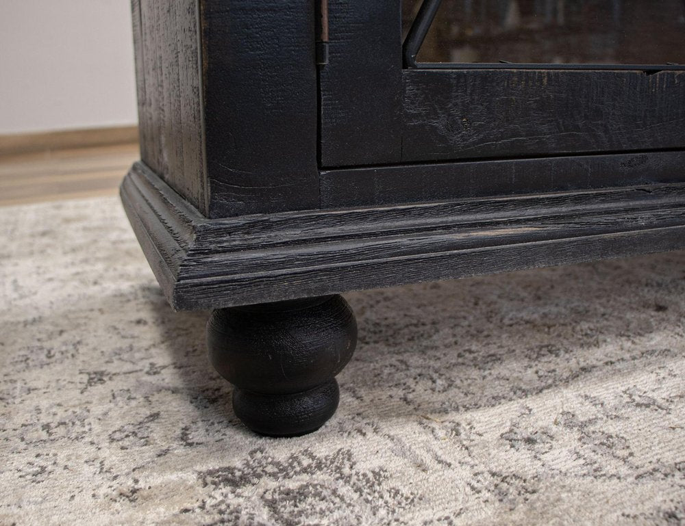 71" Black Distressed Wood Three Drawer Credenza With Four Glass Doors