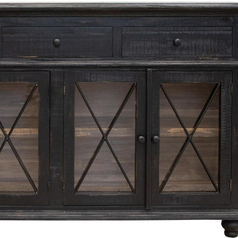 71" Black Distressed Wood Three Drawer Credenza With Four Glass Doors