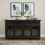 71" Black Distressed Wood Three Drawer Credenza With Four Glass Doors