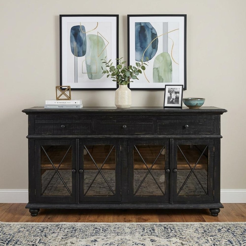 71" Black Distressed Wood Three Drawer Credenza With Four Glass Doors