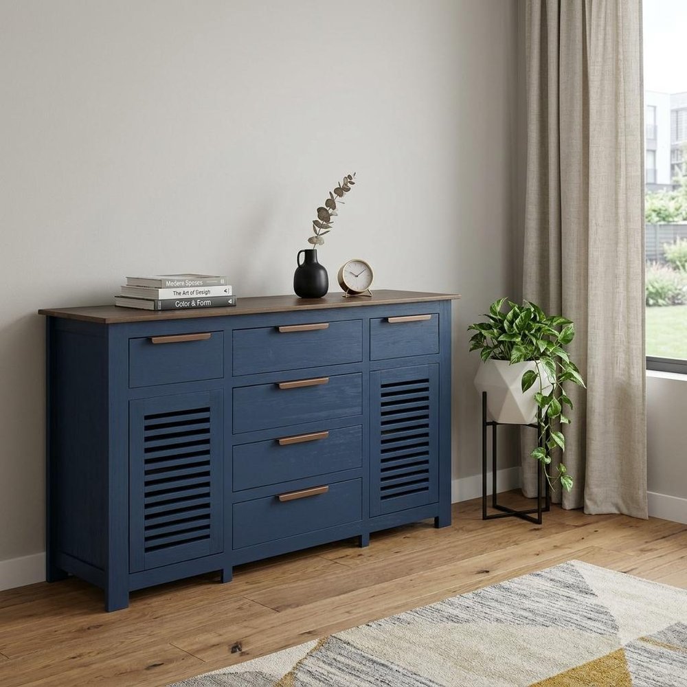 69" Blue Brown And Dark Blue Distressed Wood Six Drawer Sideboard With Two Doors