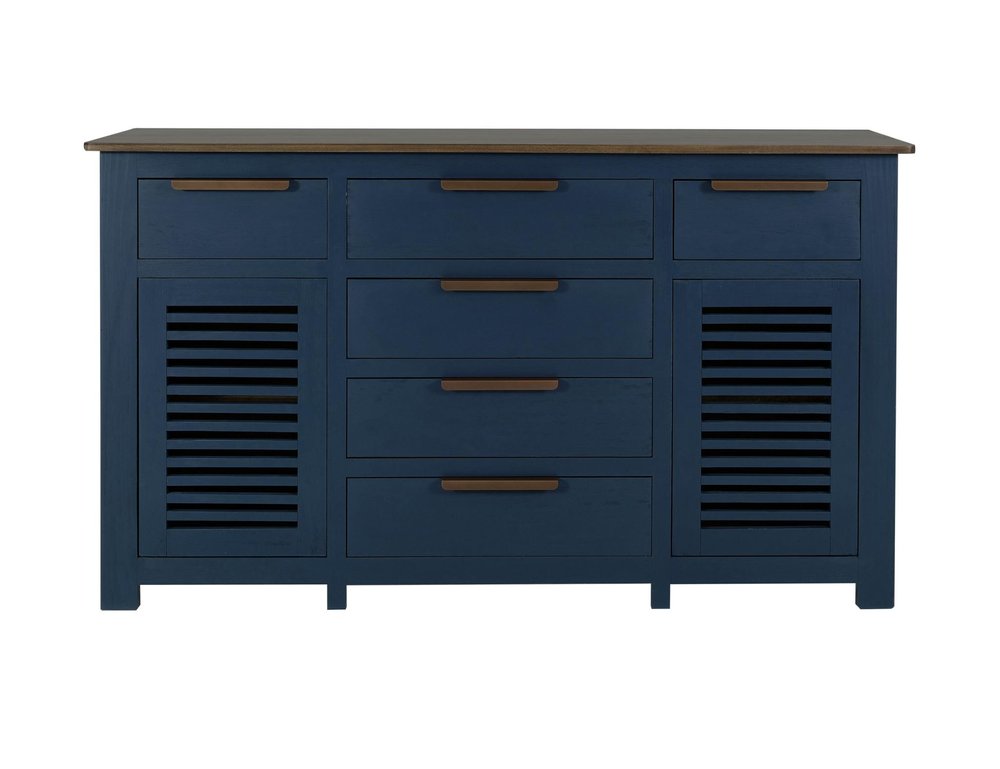 69" Blue Brown And Dark Blue Distressed Wood Six Drawer Sideboard With Two Doors