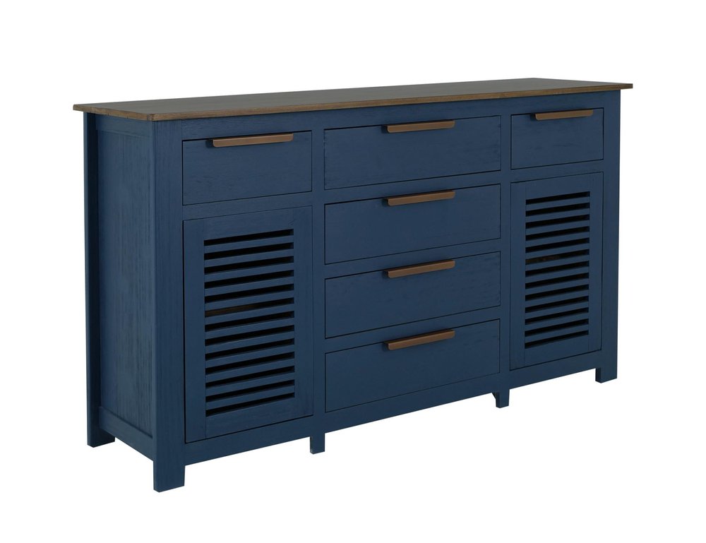 69" Blue Brown And Dark Blue Distressed Wood Six Drawer Sideboard With Two Doors