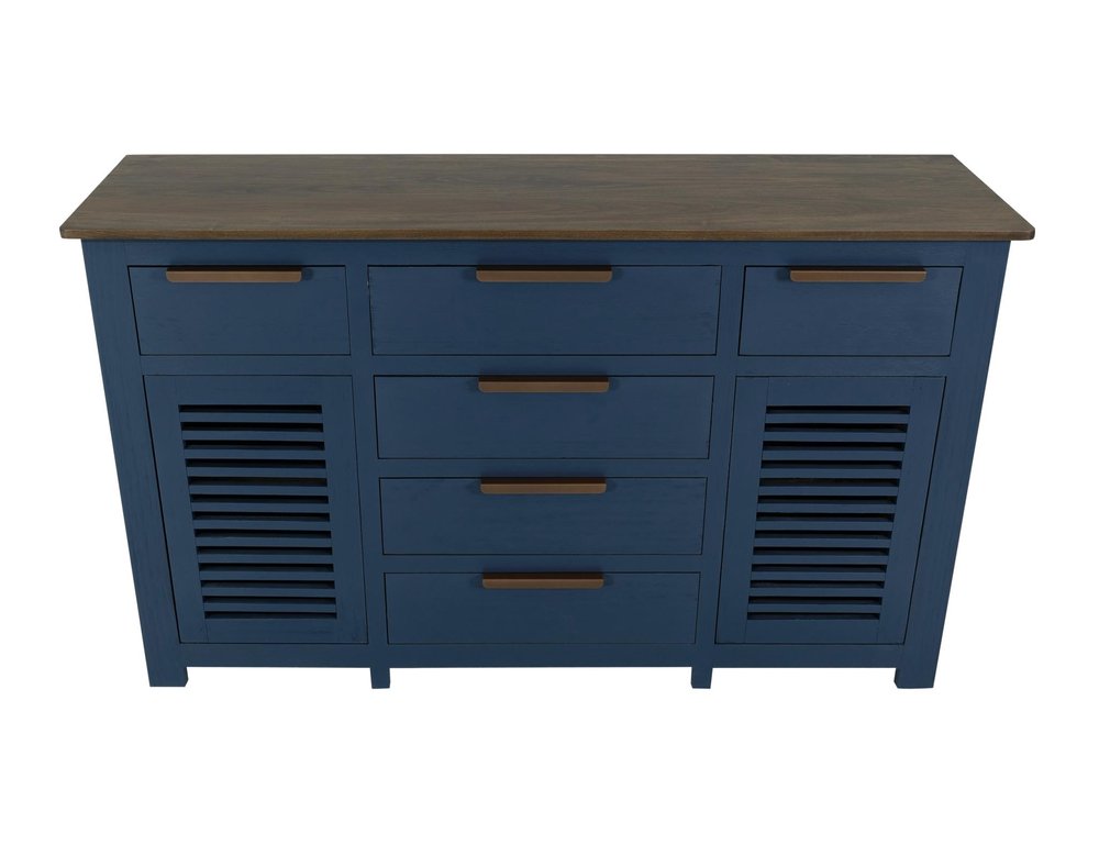 69" Blue Brown And Dark Blue Distressed Wood Six Drawer Sideboard With Two Doors