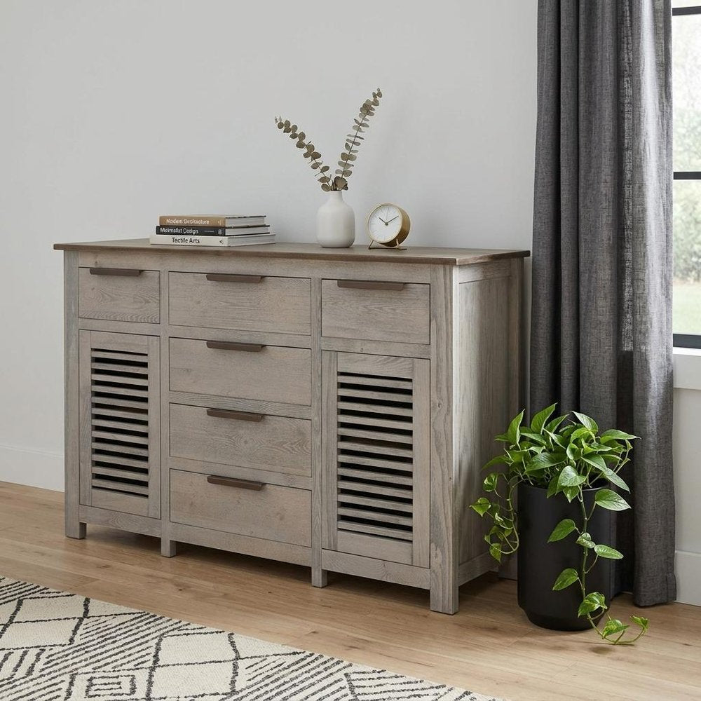 69" Ivory And Brown Distressed Wood Six Drawer Credenza With Two Doors