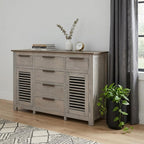 69" Ivory And Brown Distressed Wood Six Drawer Credenza With Two Doors