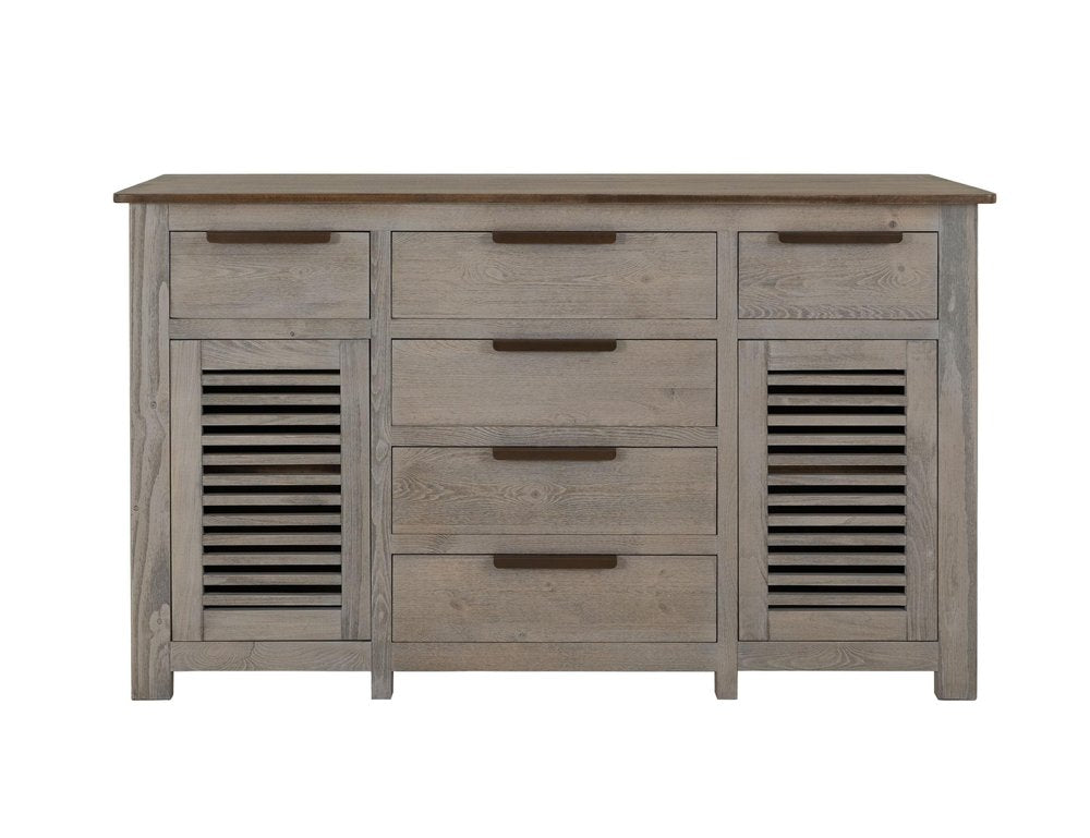 69" Ivory And Brown Distressed Wood Six Drawer Credenza With Two Doors