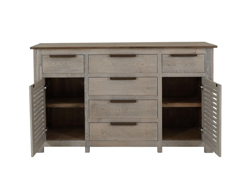 69" Ivory And Brown Distressed Wood Six Drawer Credenza With Two Doors