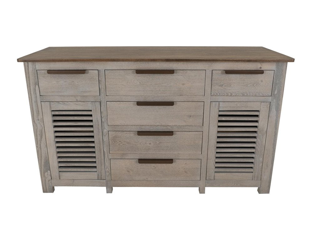 69" Ivory And Brown Distressed Wood Six Drawer Credenza With Two Doors