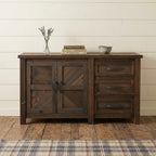 60" Brown Distressed Solid Wood And Wood Carved Abstract Three Drawer Sideboard With Two Doors