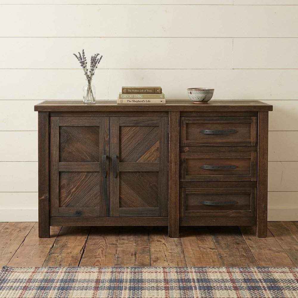 60" Brown Distressed Solid Wood And Wood Carved Abstract Three Drawer Sideboard With Two Doors