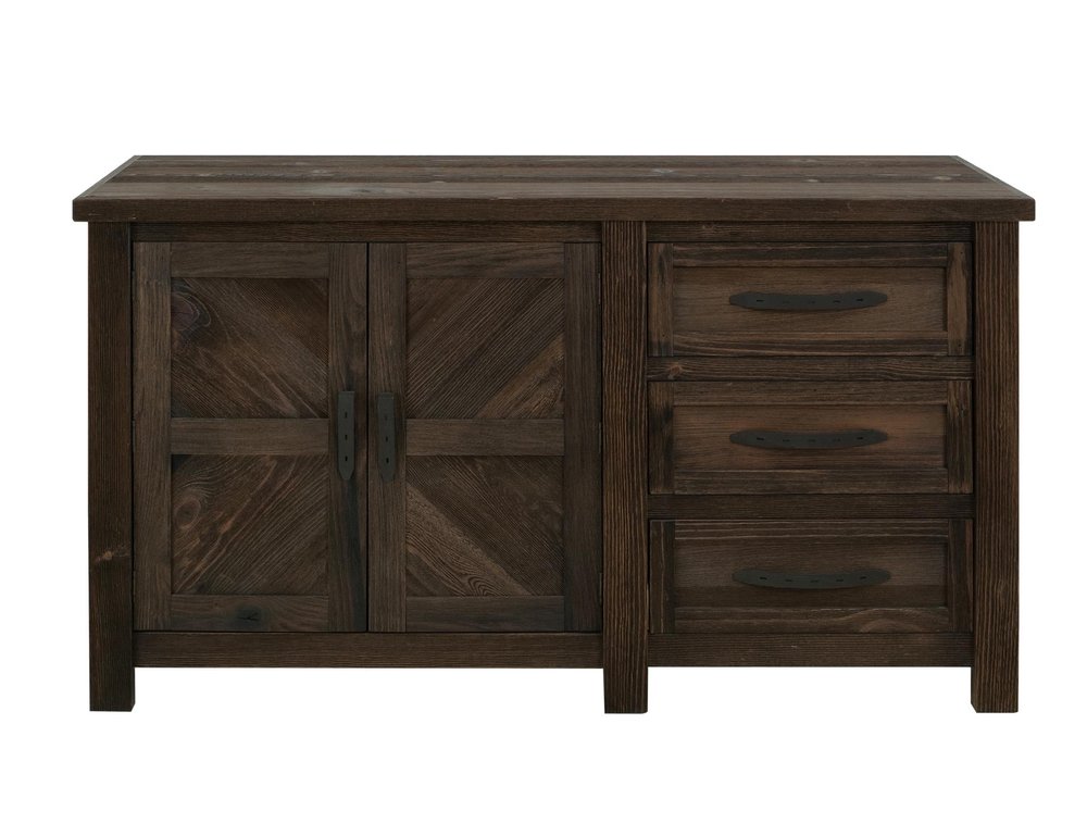 60" Brown Distressed Solid Wood And Wood Carved Abstract Three Drawer Sideboard With Two Doors