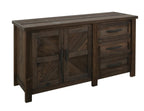60" Brown Distressed Solid Wood And Wood Carved Abstract Three Drawer Sideboard With Two Doors