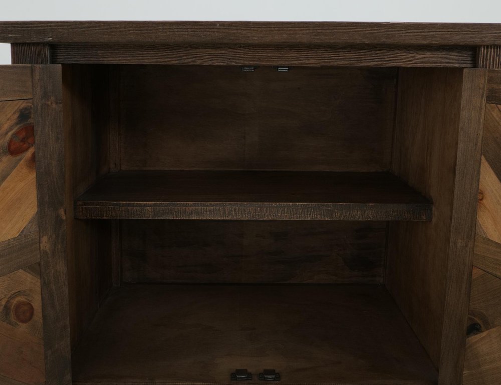 60" Brown Distressed Solid Wood And Wood Carved Abstract Three Drawer Sideboard With Two Doors