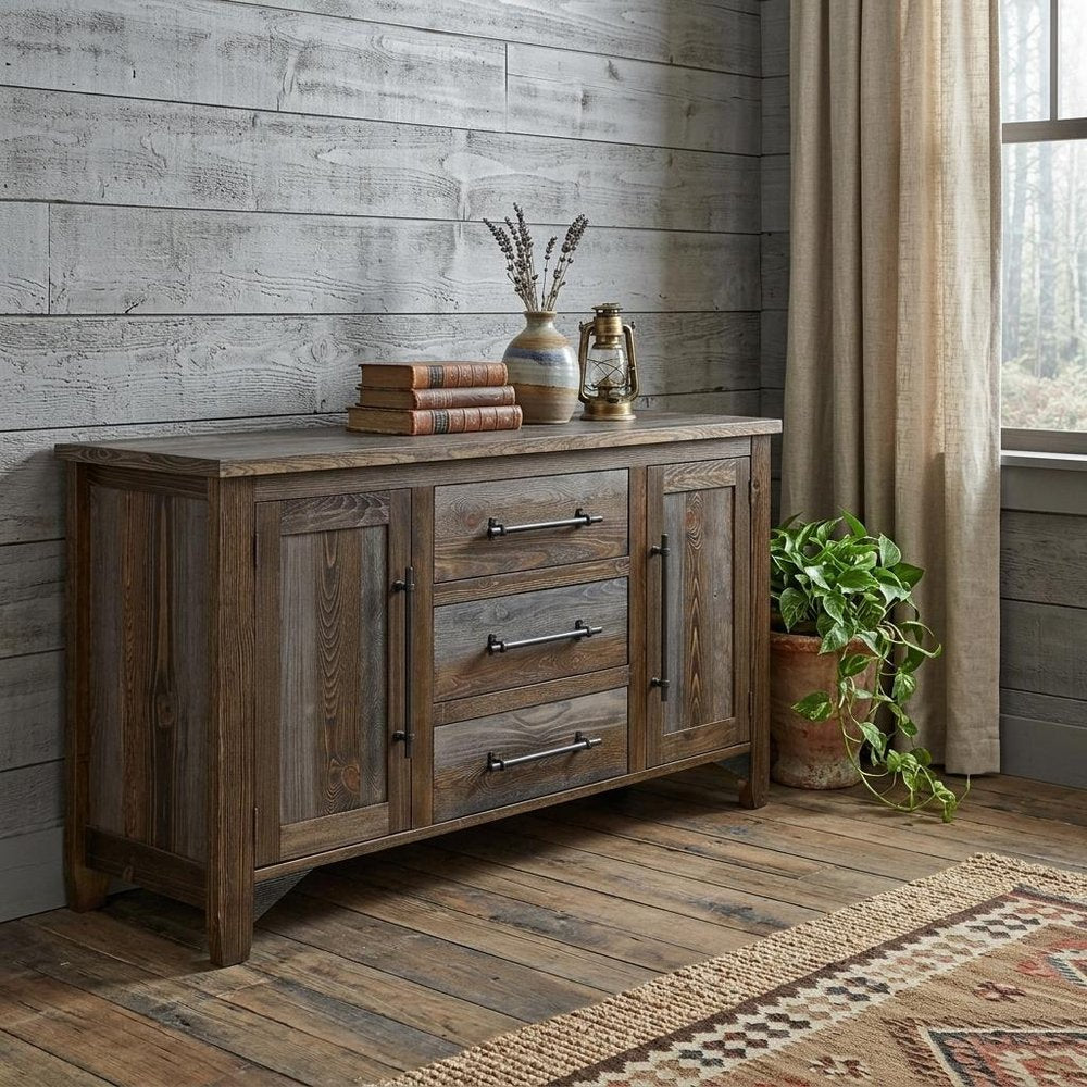 69" Brown And Gray Distressed Wood Three Drawer Sideboard With Two Doors