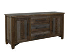 69" Brown And Gray Distressed Wood Three Drawer Sideboard With Two Doors