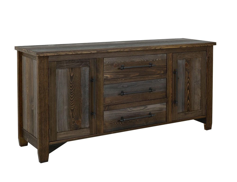 69" Brown And Gray Distressed Wood Three Drawer Sideboard With Two Doors