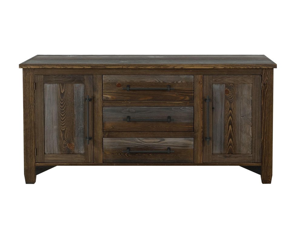 69" Brown And Gray Distressed Wood Three Drawer Sideboard With Two Doors