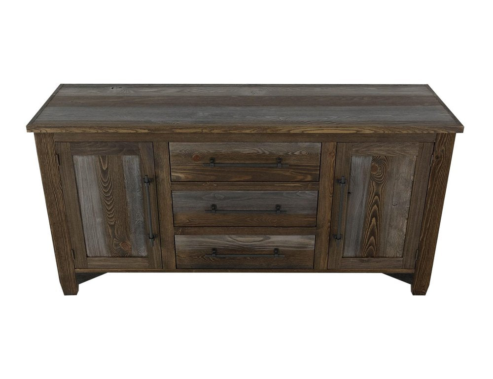69" Brown And Gray Distressed Wood Three Drawer Sideboard With Two Doors
