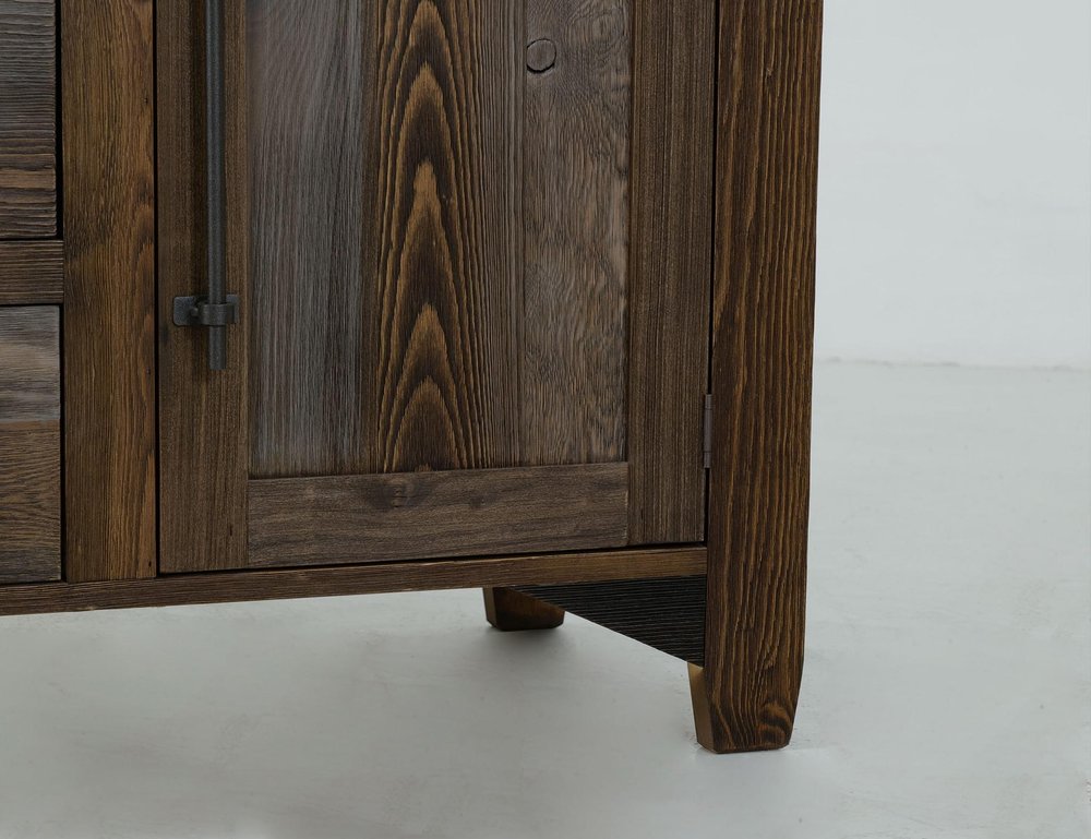 69" Brown And Gray Distressed Wood Three Drawer Sideboard With Two Doors