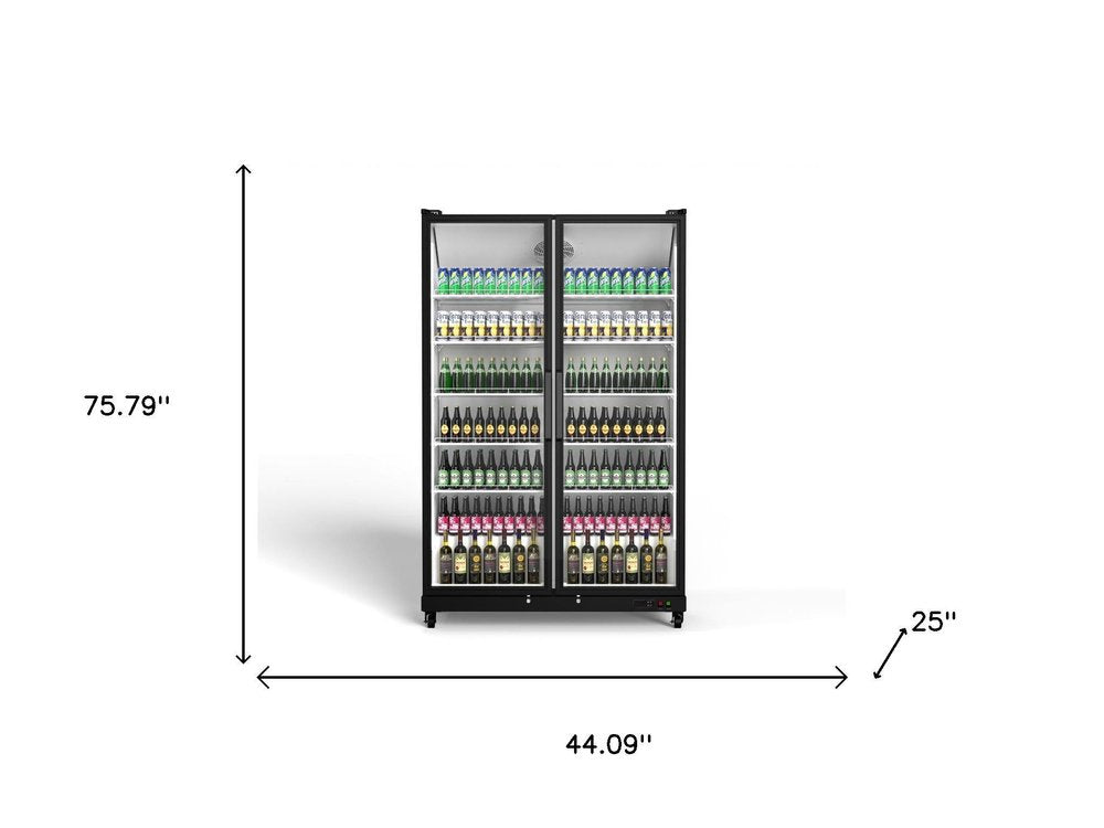 76" X 44" Clear and Black Stainless Steel Double Door Can Beverage Refrigerator