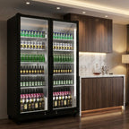 76" X 44" Clear and Black Stainless Steel Double Door Can Beverage Refrigerator