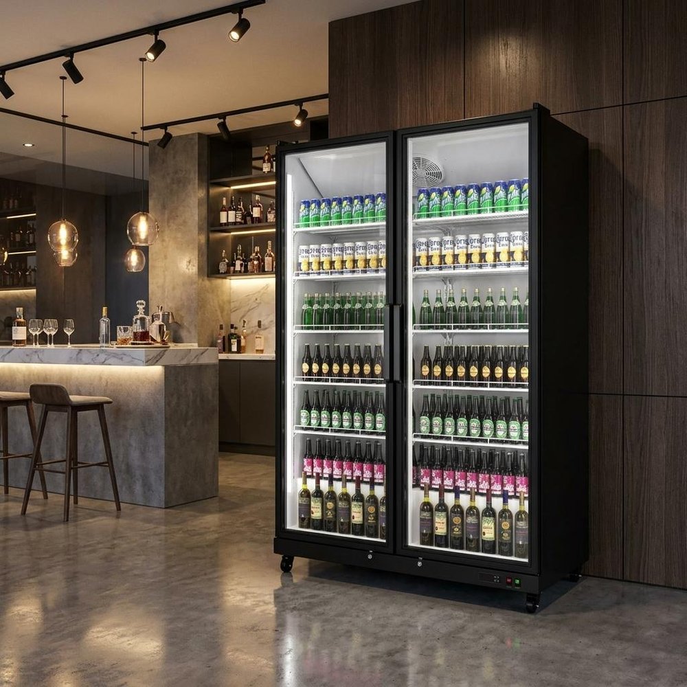 76" X 44" Clear and Black Stainless Steel Double Door Can Beverage Refrigerator