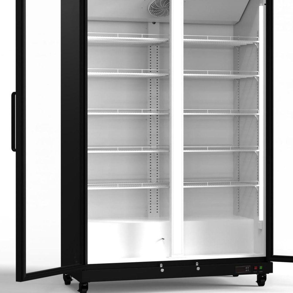 76" X 44" Clear and Black Stainless Steel Double Door Can Beverage Refrigerator