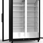 76" X 44" Clear and Black Stainless Steel Double Door Can Beverage Refrigerator