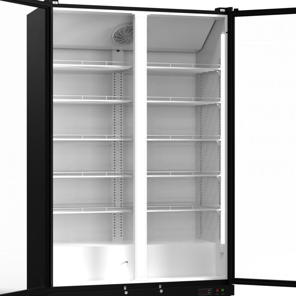76" X 44" Clear and Black Stainless Steel Double Door Can Beverage Refrigerator