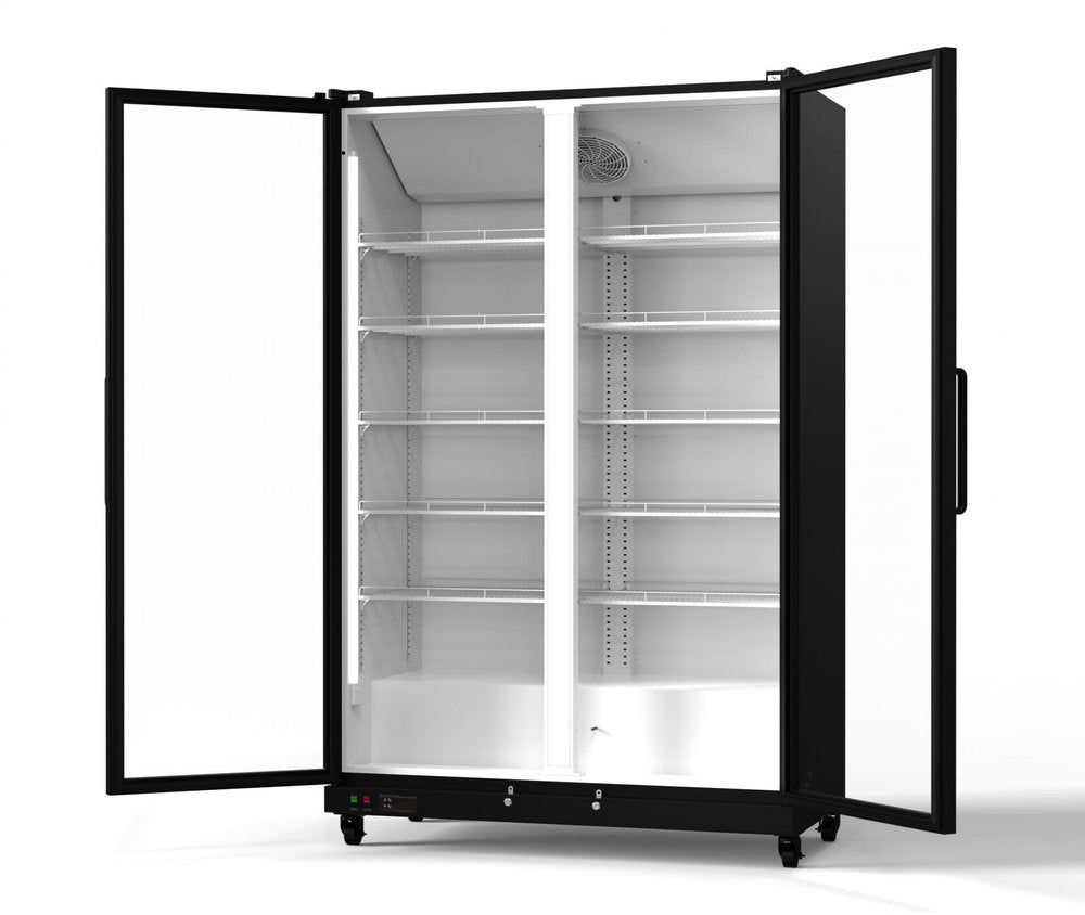 76" X 44" Clear and Black Stainless Steel Double Door Can Beverage Refrigerator