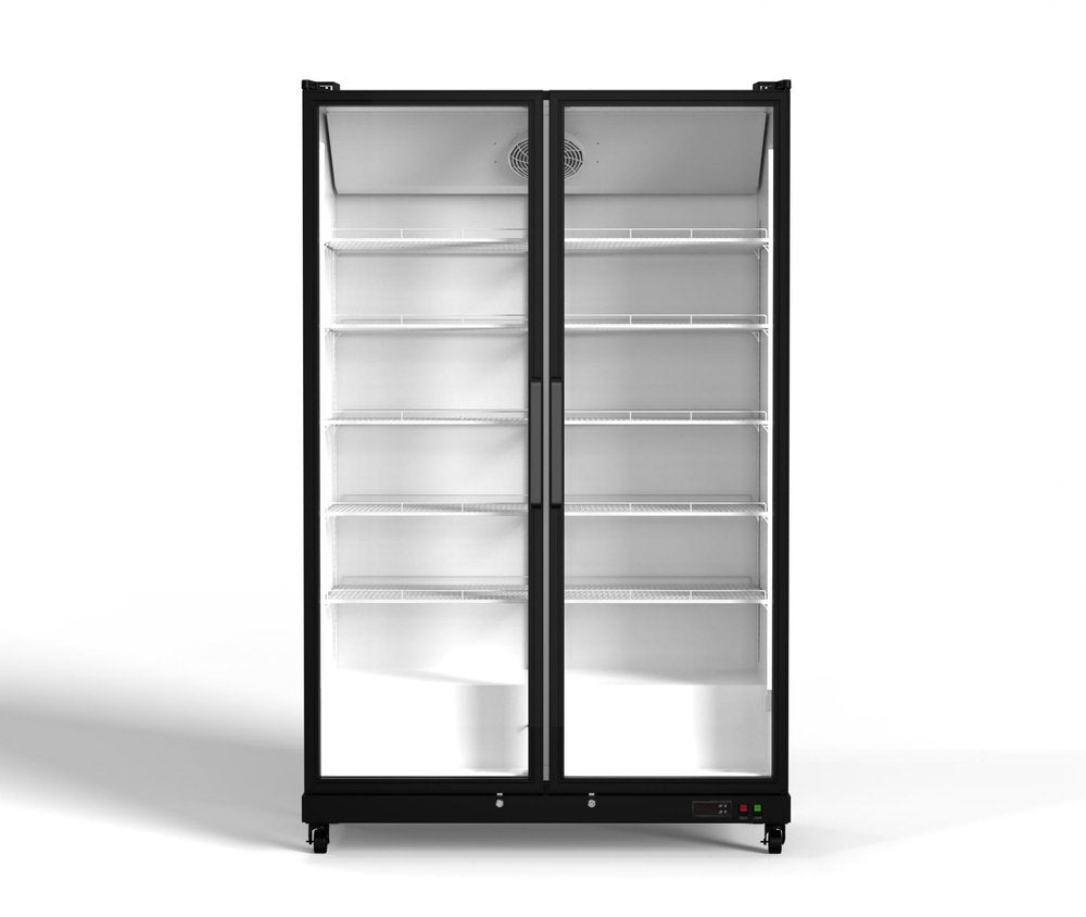 80" X 50" Clear and Black Stainless Steel Double Door Can Beverage Refrigerator