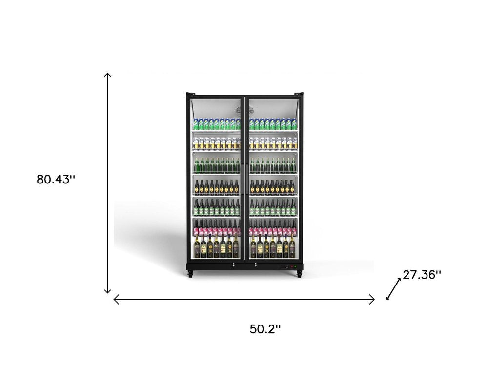 80" X 50" Clear and Black Stainless Steel Double Door Can Beverage Refrigerator