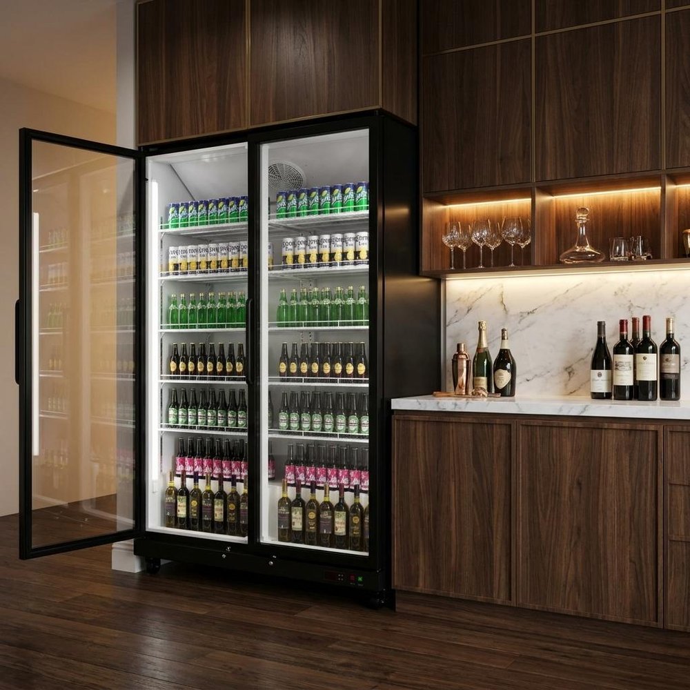 80" X 50" Clear and Black Stainless Steel Double Door Can Beverage Refrigerator