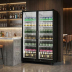 80" X 50" Clear and Black Stainless Steel Double Door Can Beverage Refrigerator
