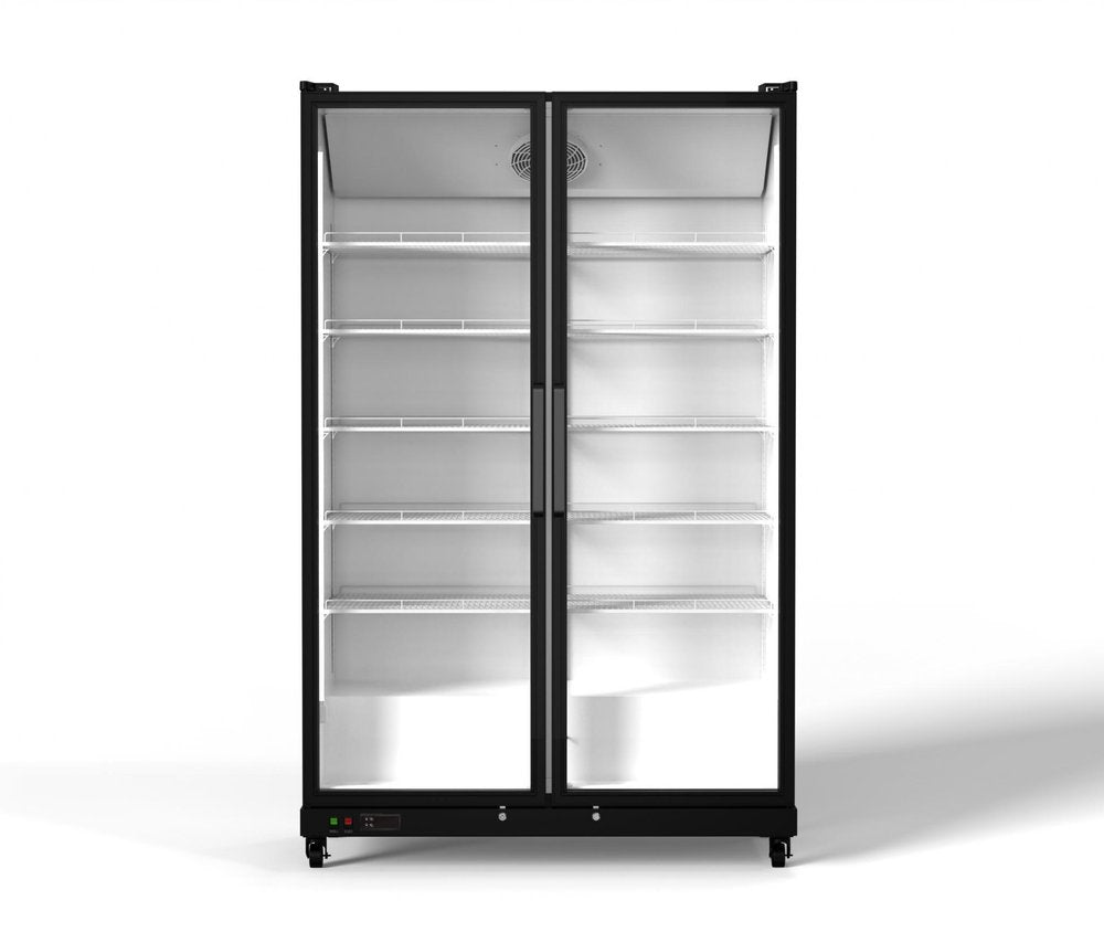 80" X 50" Clear and Black Stainless Steel Double Door Can Beverage Refrigerator