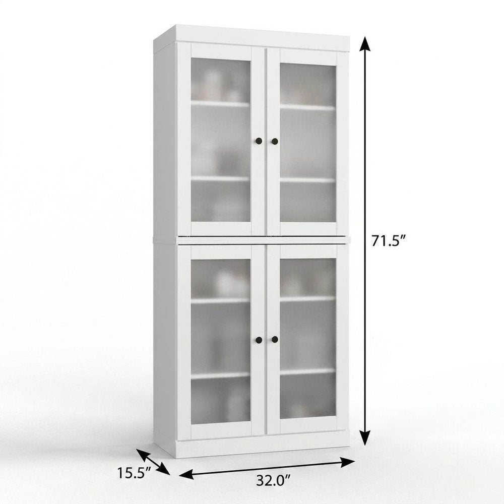 32" White Solid Wood Glass Panel Inlay Double Door Linen Cabinet